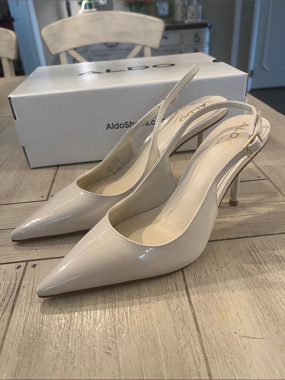 ALDO Cream Patent Pointed-Toe Slingback Heels